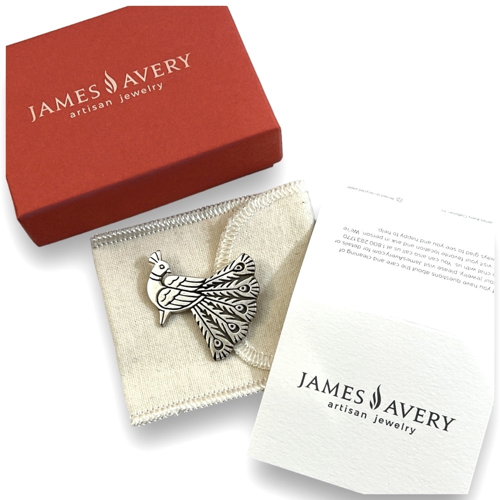JAMES AVERY RETIRED Rare Peacock Brooch Sterling Silver Signed Box & Gift Box